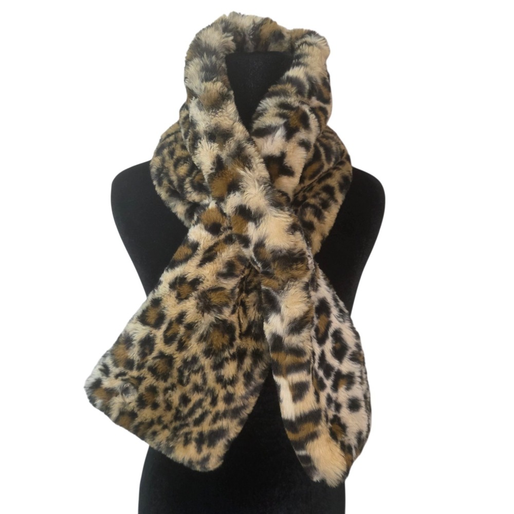 Calvin Klein Womens Leopard Print Faux Fur Pull Through Scarf Plush Neck Warmer
